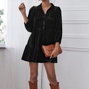 Velvet High Waist button down Shirt Smock Dress